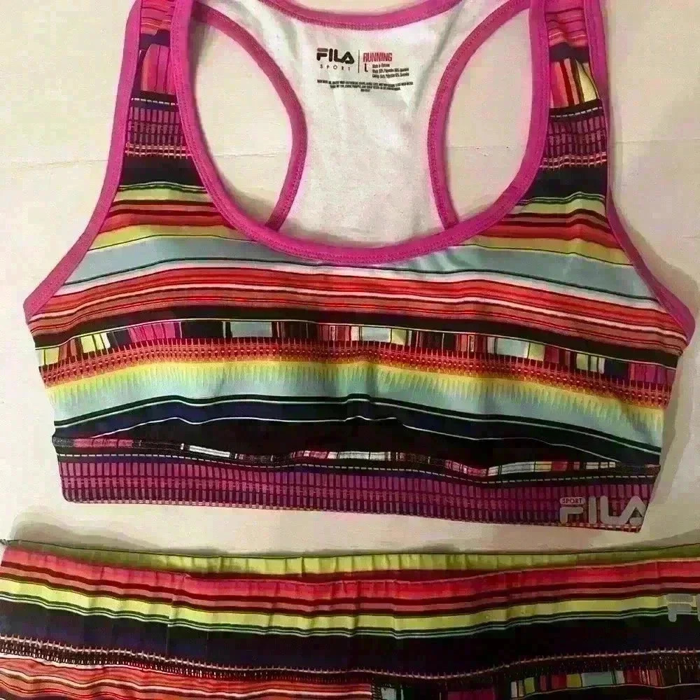 Tribal print neon color block striped Fila athletic set - Picture 3 of 11